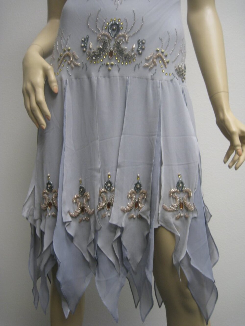 Sue Wong Nocturne Dress Y2K Cocktail 76 Flapper Grey Silver Gold Beaded Art Deco - Picture 3 of 16